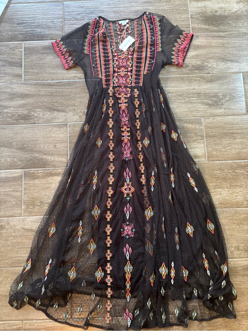 Sundance Dreamy Destinations Black Boho Embroidered Maxi Dress Swiss Dot New